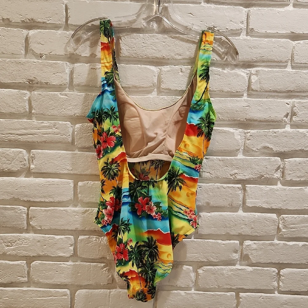 Yellow and Green One Piece Swimwear with Tropical Print and Playful Pom Poms - Picture 2 of 7